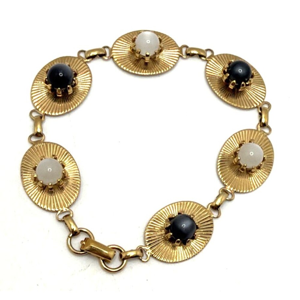 1958 Sarah Coventry NIGHT AND DAY Bracelet Gold Tone Links Moonglow Accents 7"